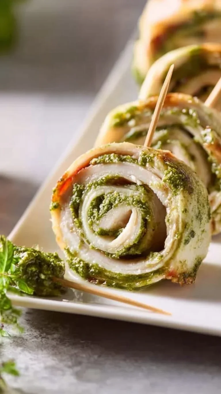 Pesto turkey pinwheels with smoked provolone on a wooden platter