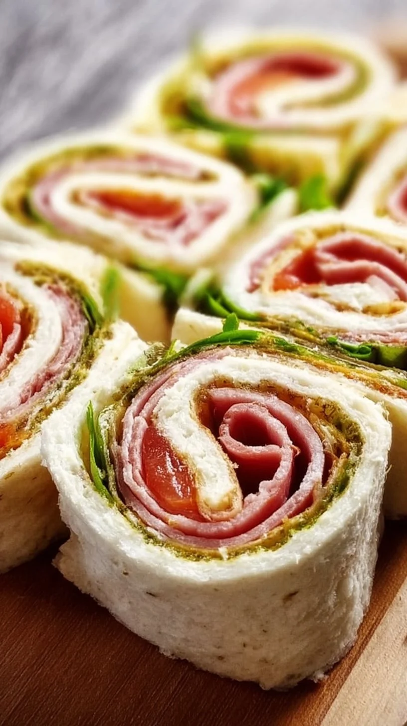 Colorful pinwheel sandwiches filled with fresh ingredients on a platter