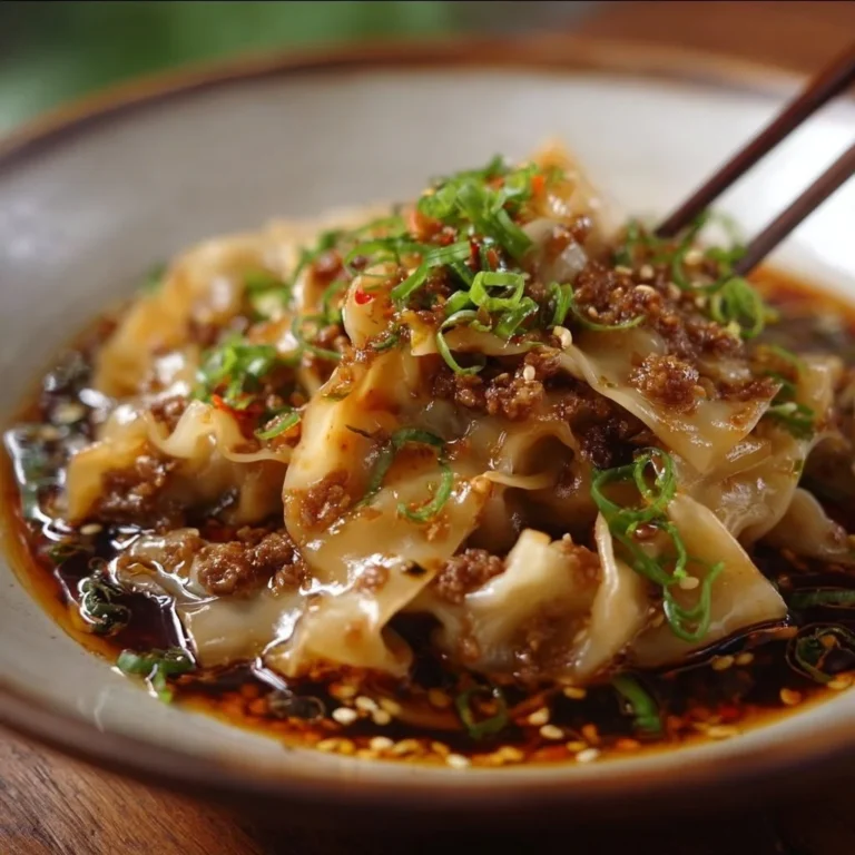 Delicious potsticker noodle bowl garnished with fresh herbs and vegetables