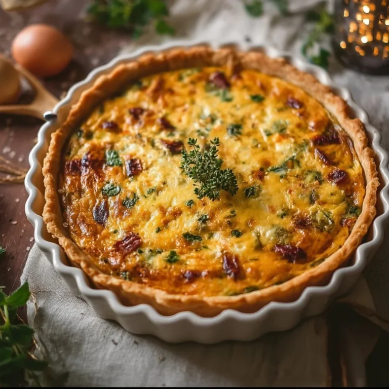 Delicious and elegant quiche recipe with savory ingredients.