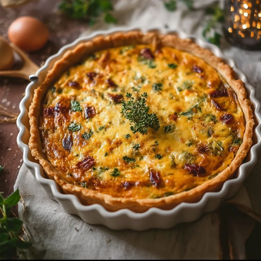 Delicious and elegant quiche recipe with savory ingredients.