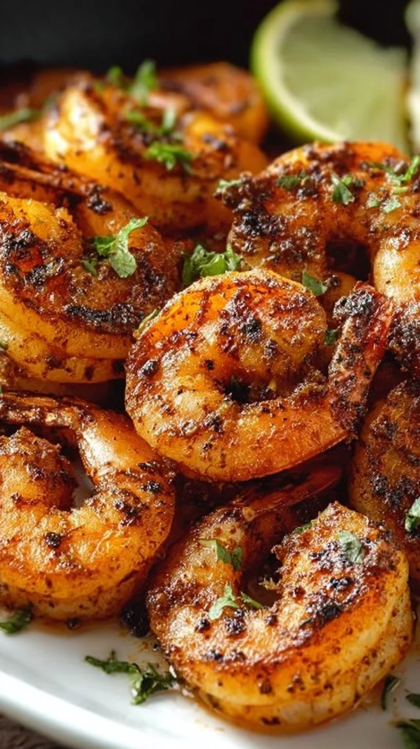 Plate of quick and easy blackened shrimp seasoned with spices