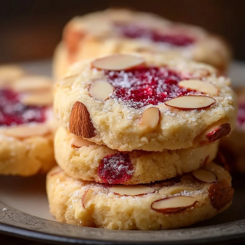 Freshly baked Raspberry Almond Shortbread Cookies on a plate