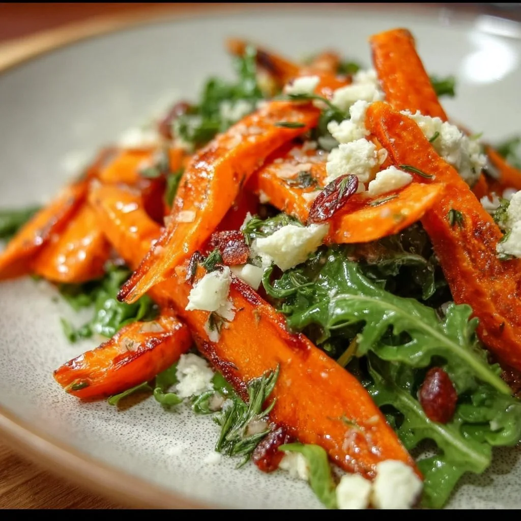 A vibrant roasted carrot salad with fresh greens and dressing served in a bowl.