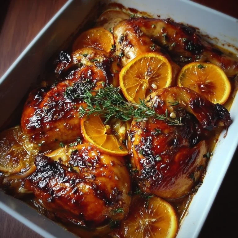 Roasted orange chicken served on a plate with vibrant orange slices and herbs