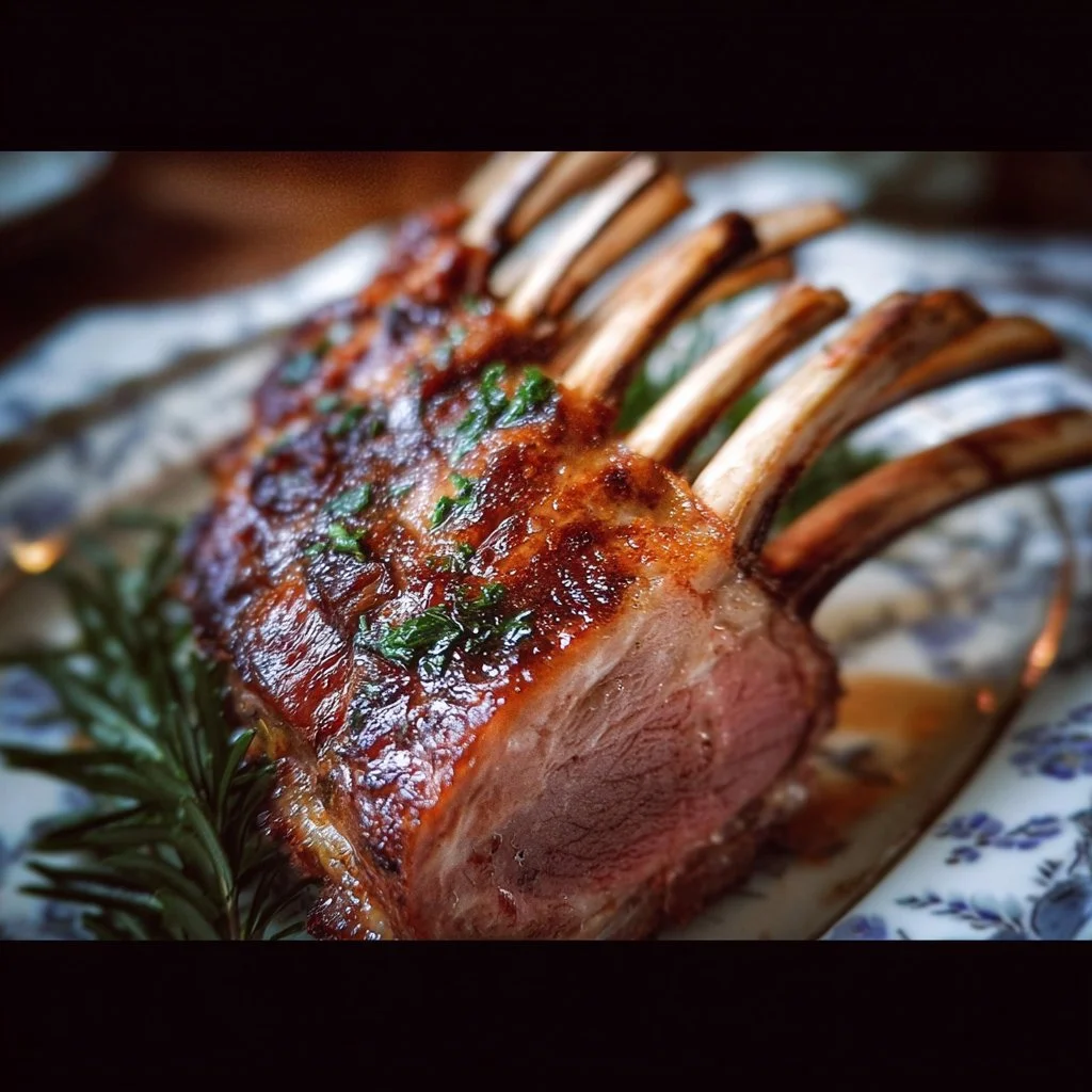 Succulent roasted rack of lamb garnished with herbs and served on a plate.
