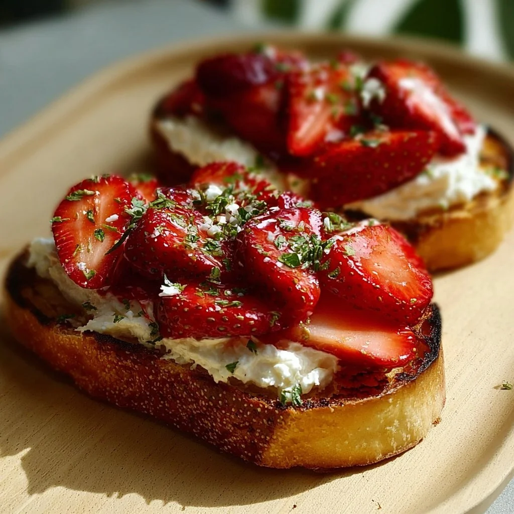 Roasted strawberry whipped ricotta toast topped with fresh strawberries and herbs