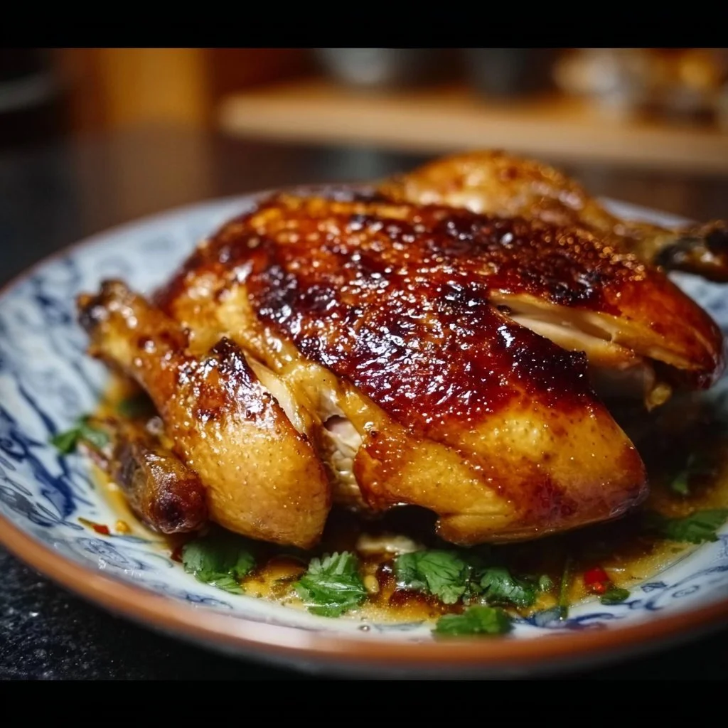 Delicious Shandong Roast Chicken served with garnishes and herbs