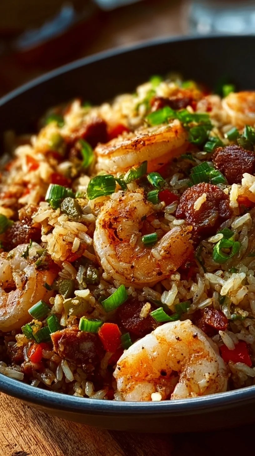 Delicious shrimp dirty rice garnished with herbs in a bowl