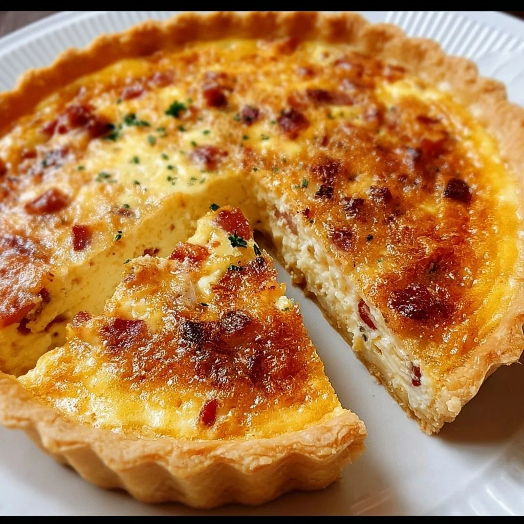 Delicious simple bacon and cheese breakfast quiche served on a plate
