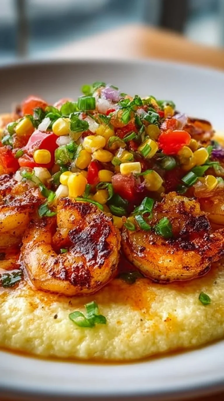 Plate of Southern Comfort Shrimp Grits with corn salsa garnish