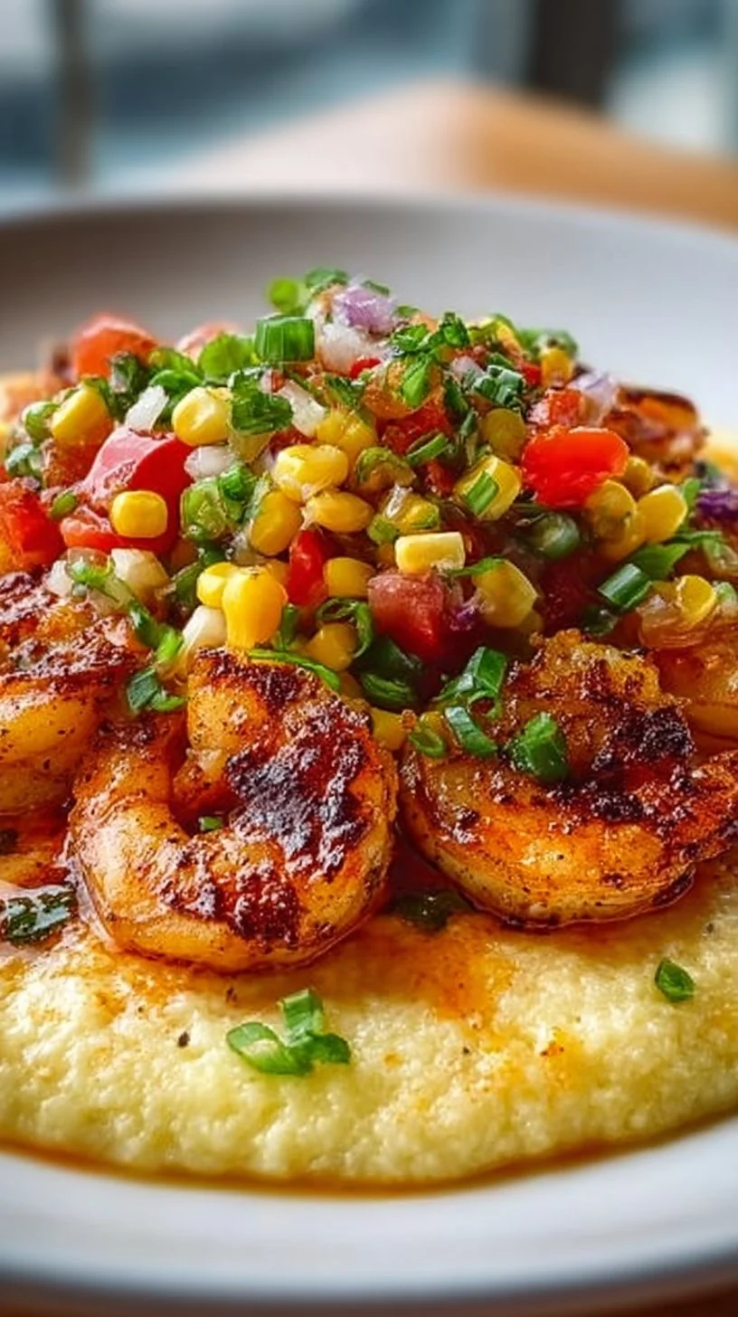 Plate of Southern Comfort Shrimp Grits with corn salsa garnish