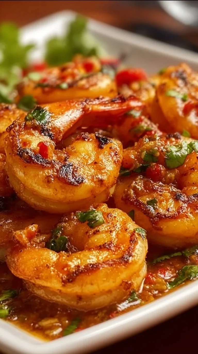 Spicy Voodoo Shrimp served on a plate with vibrant spices and herbs.