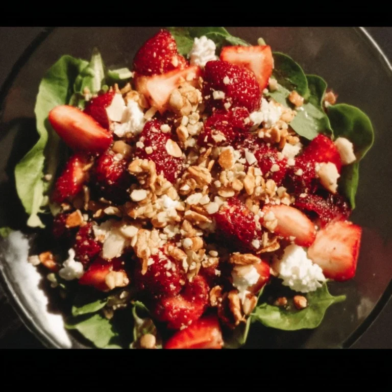 Delicious Strawberry Crunch Salad with fresh strawberries and crunchy toppings
