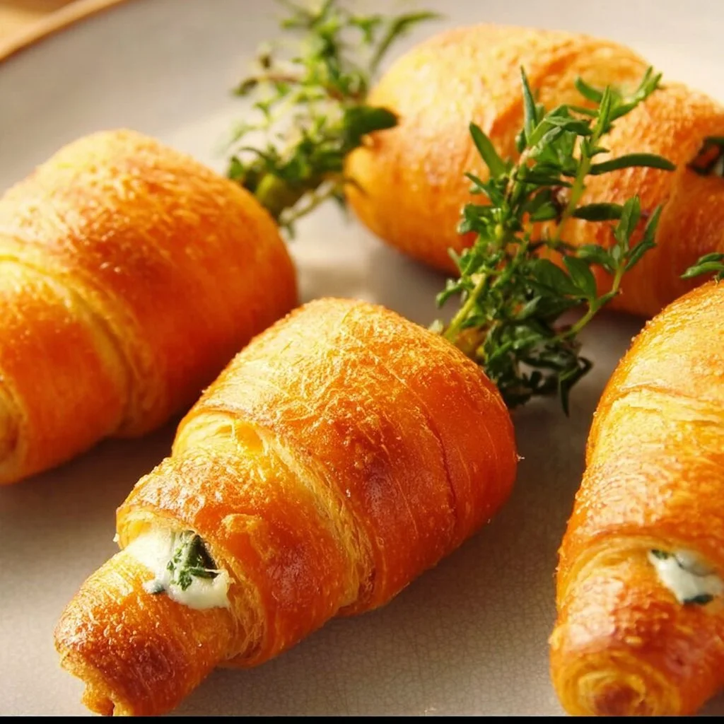 Stuffed crescent roll carrots served on a plate as a tasty appetizer.