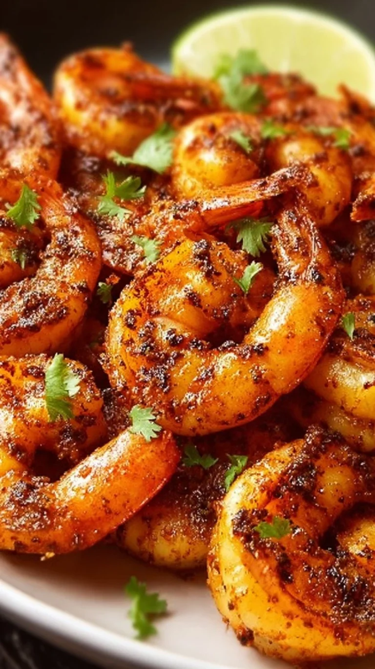 Plate of spicy Cajun shrimp garnished with herbs and spices