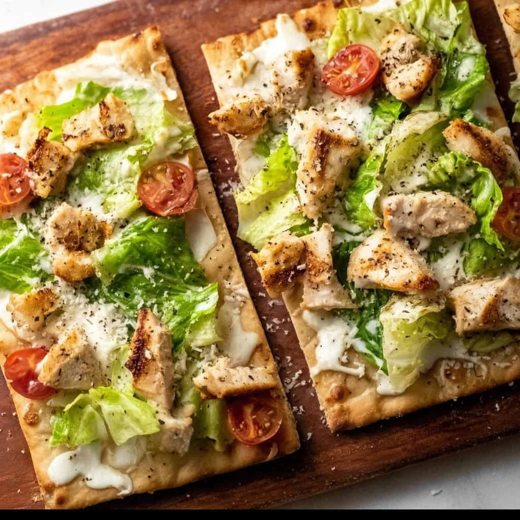 Delicious Chicken Caesar Flatbread with grilled chicken and romaine lettuce