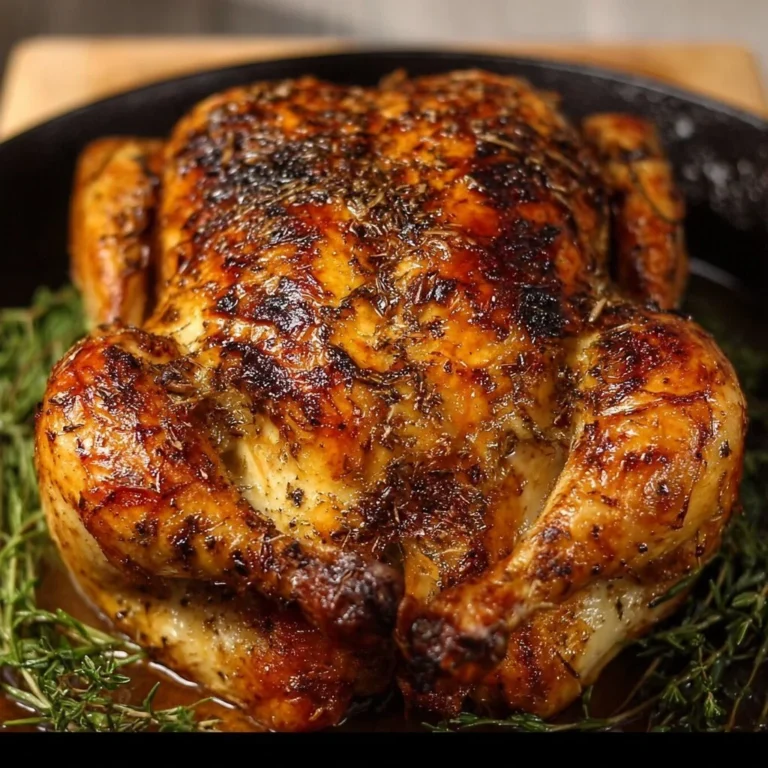 Aromatic roast chicken garnished with herbs and spices, cooked to perfection.