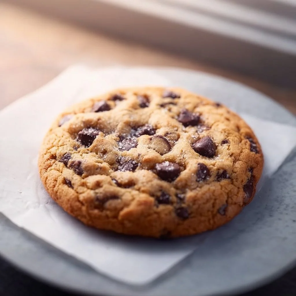 Single serve chocolate chip cookie on a plate with a glass of milk