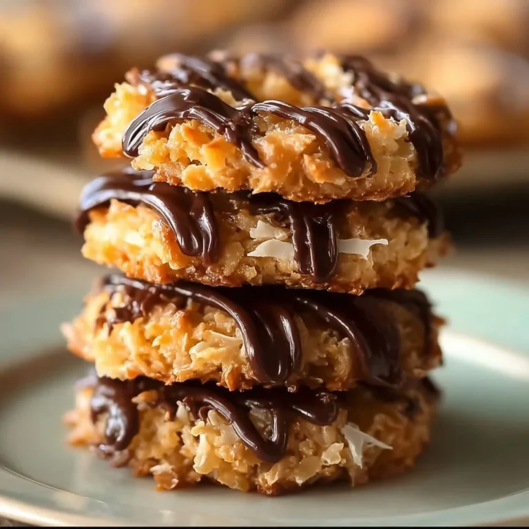 Delicious homemade Samoas Cookies with chocolate, caramel, and coconut toppings.