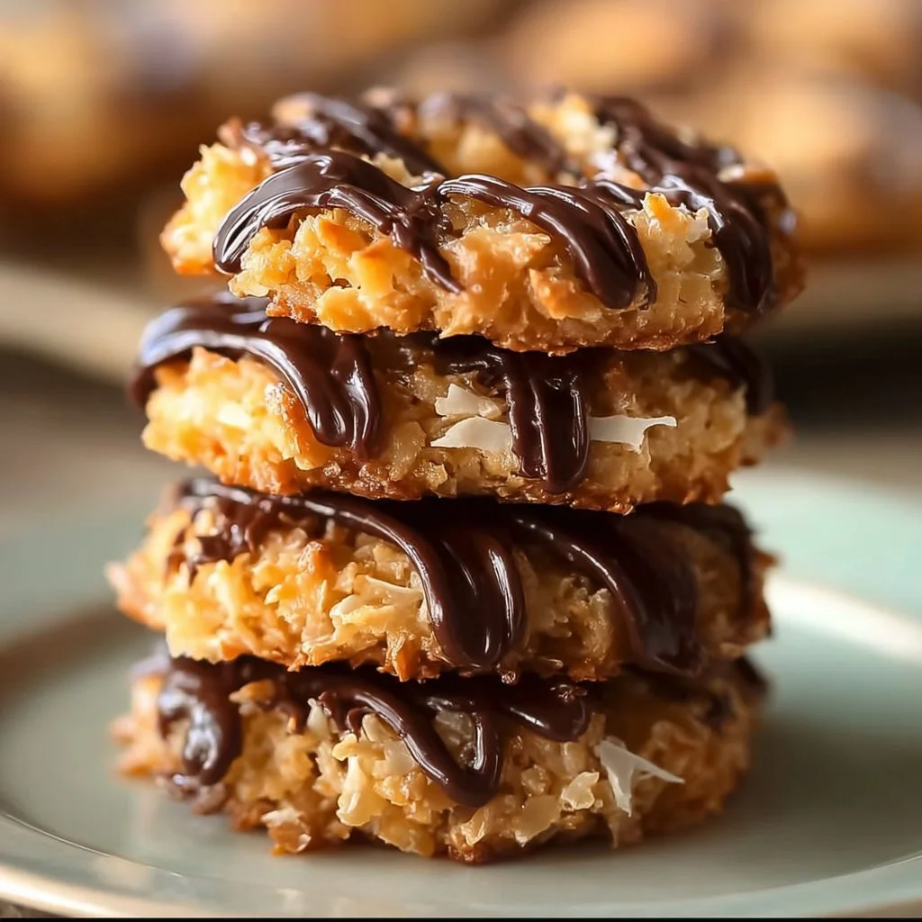 Delicious homemade Samoas Cookies with chocolate, caramel, and coconut toppings.