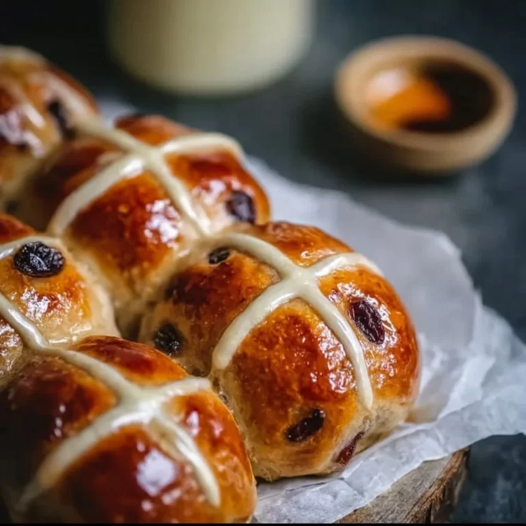 Freshly baked traditional Easter Hot Cross Buns on a wooden platter.