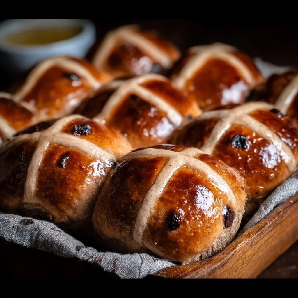 Freshly baked Traditional Hot Cross Buns on a wooden table.