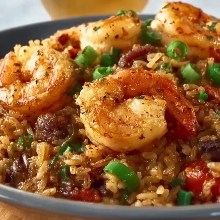 Delicious Cajun shrimp dirty rice skillet topped with herbs and spices