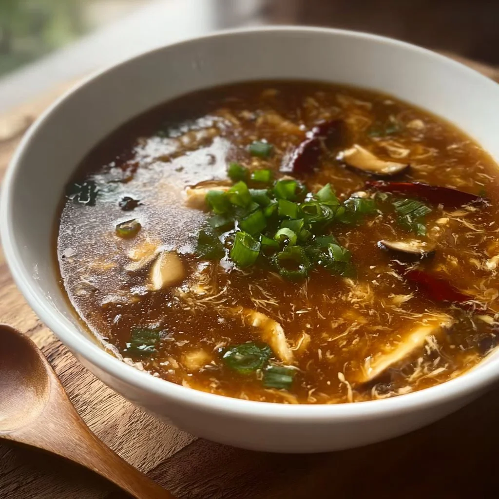 Bowl of ultimate Chinese hot and sour soup garnished with scallions and mushrooms