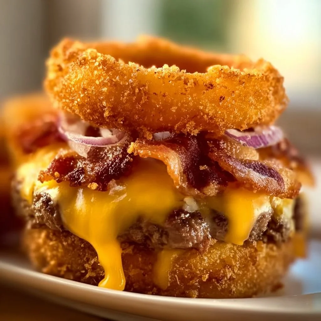 Ultimate loaded bacon cheeseburger with crispy onion rings