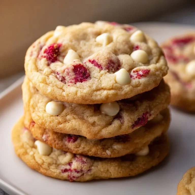 Delicious white chocolate raspberry cookies arranged on a plate
