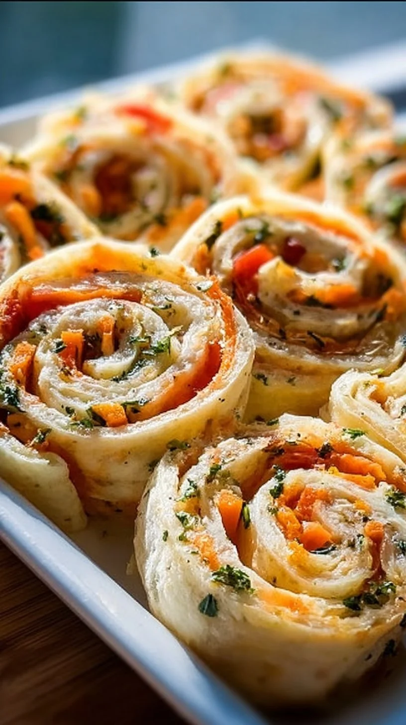 Plate of colorful zesty veggie pinwheels with fresh vegetables and cream cheese.