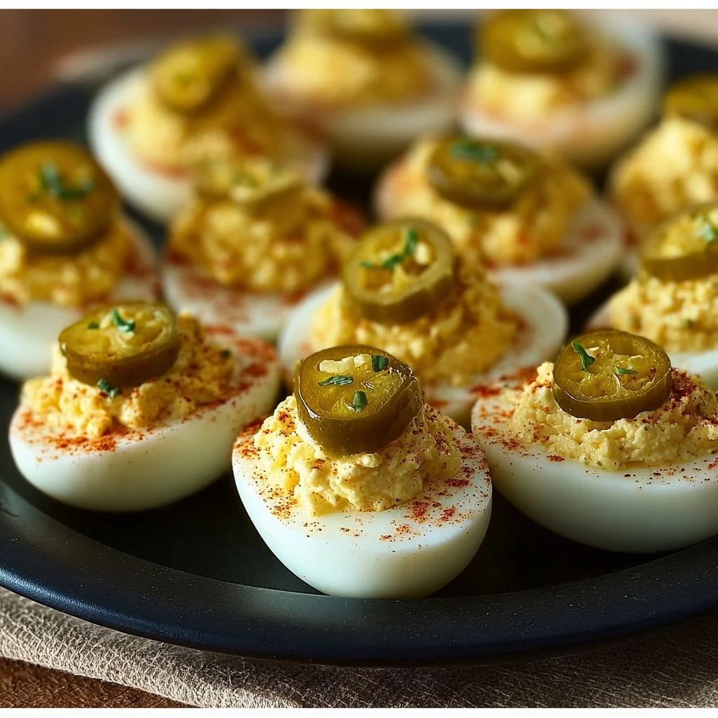 A beautifully plated deviled delight dish with creative toppings.