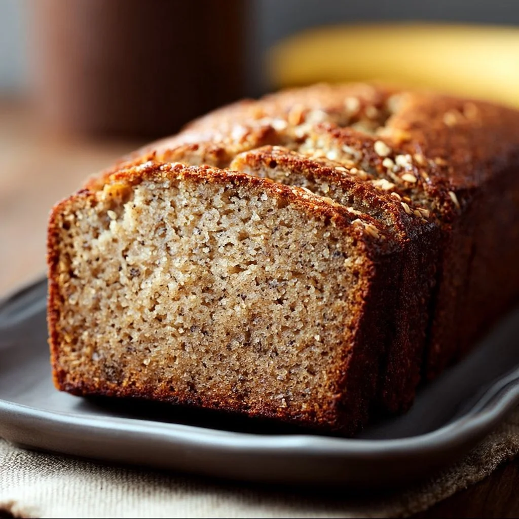 Sliced moist almond flour banana bread on a wooden cutting board