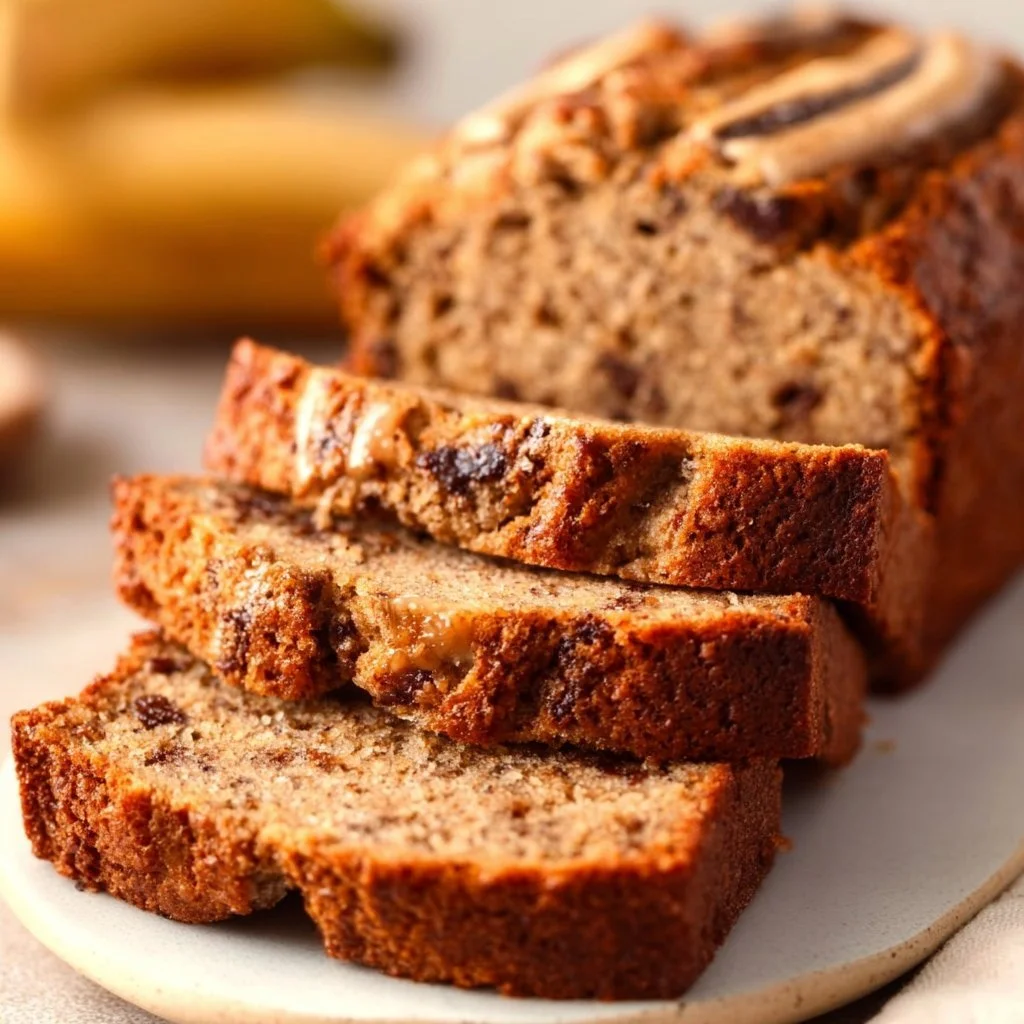 Slice of almond flour banana bread on a wooden table