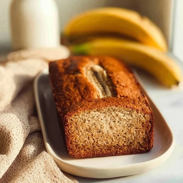 Sliced almond flour banana bread on a wooden cutting board with bananas