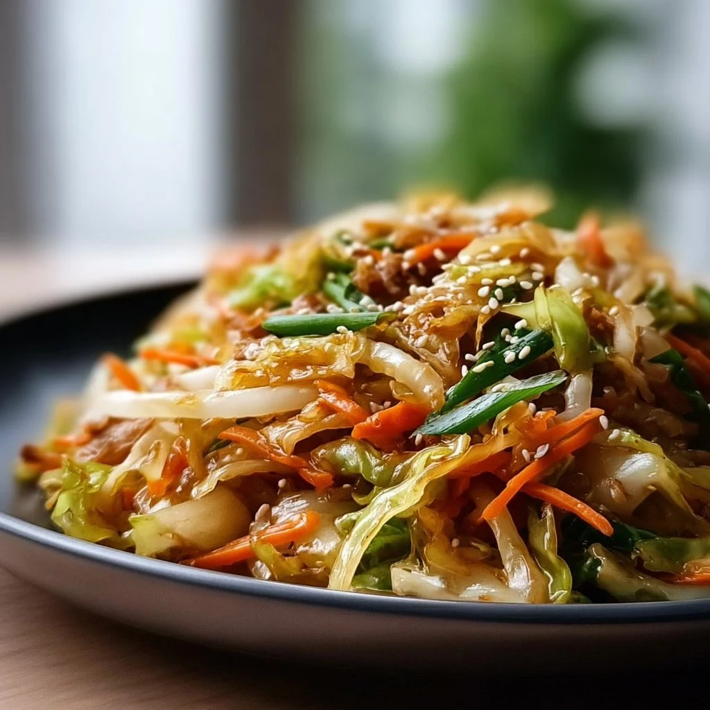Delicious Asian cabbage stir fry with colorful vegetables and fresh ingredients.