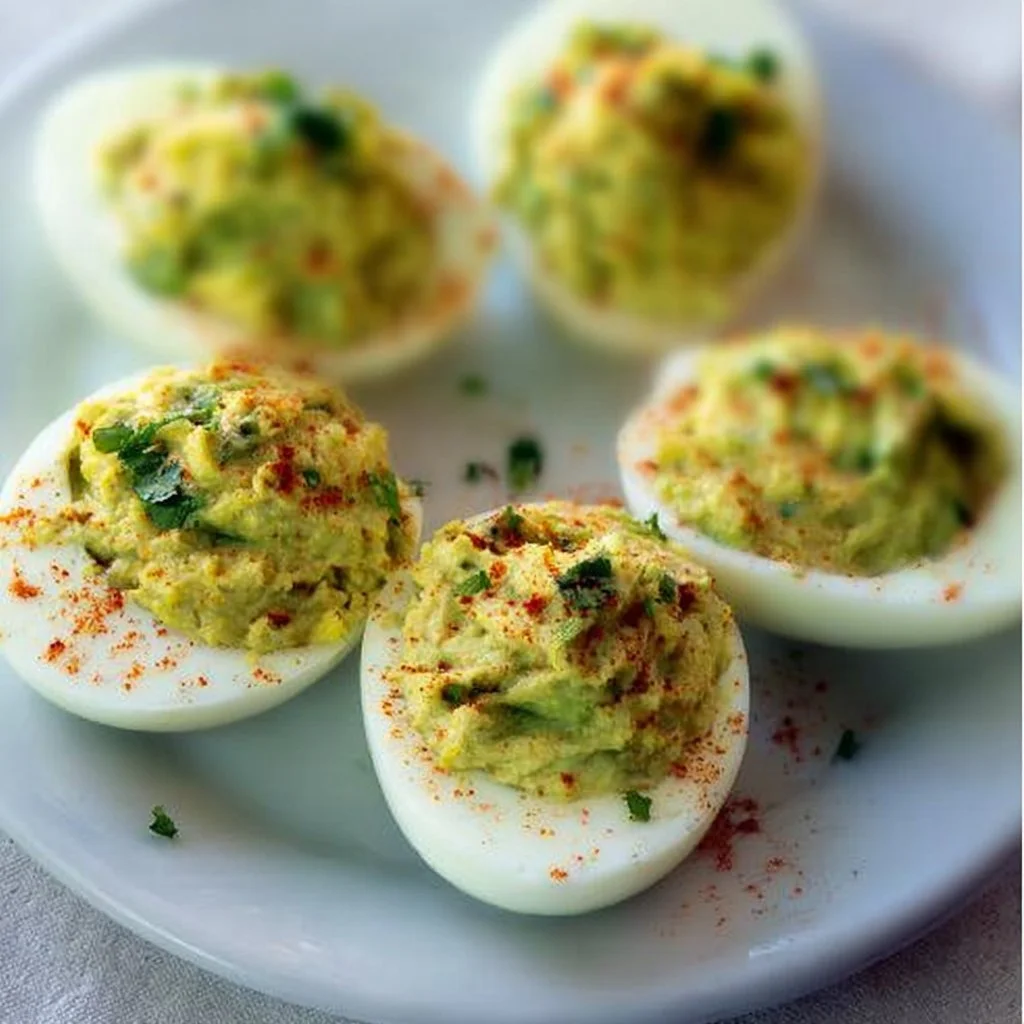 Avocado deviled eggs topped with spices and herbs, a tasty appetizer