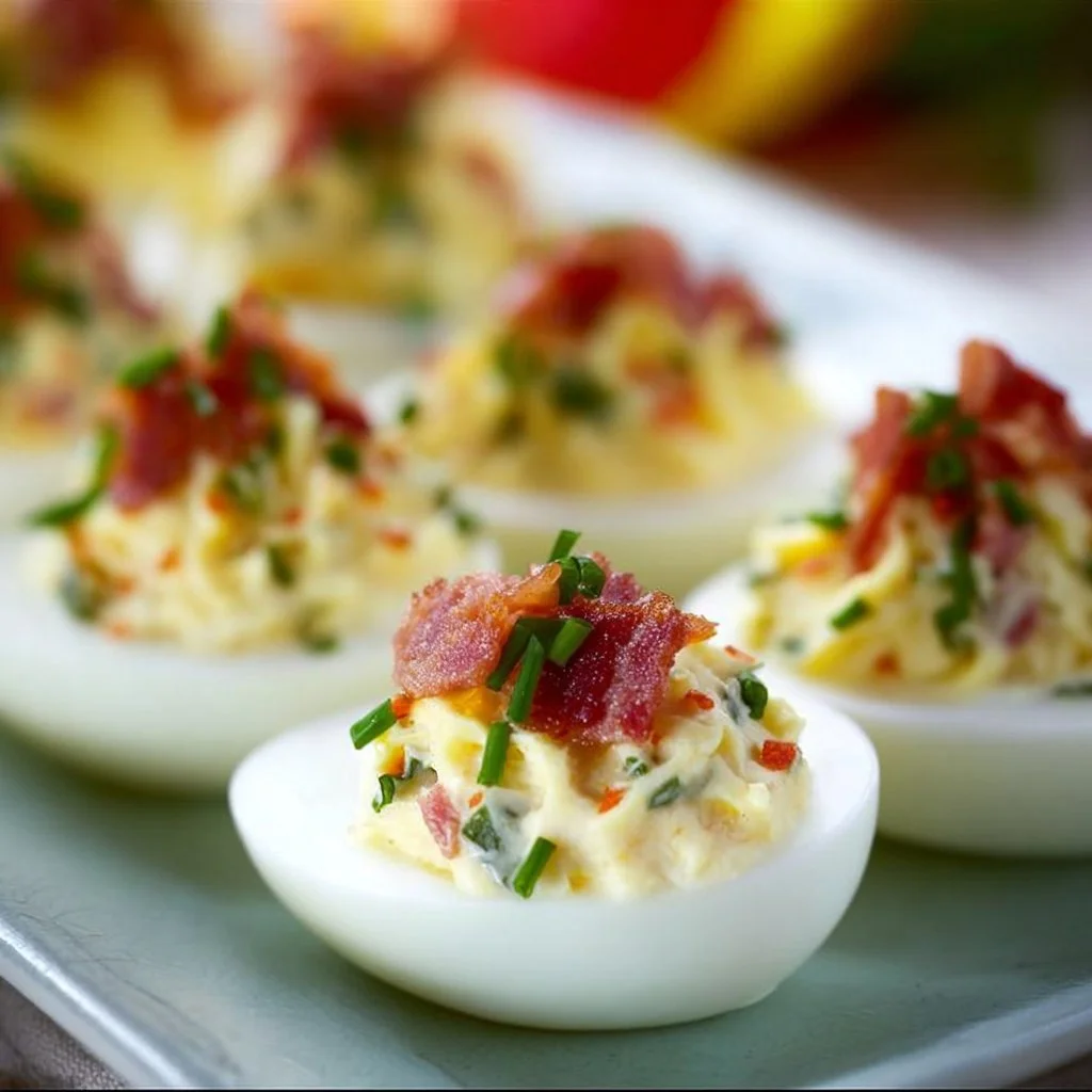 Bacon cream cheese deviled eggs on a plate, garnished and ready to serve.