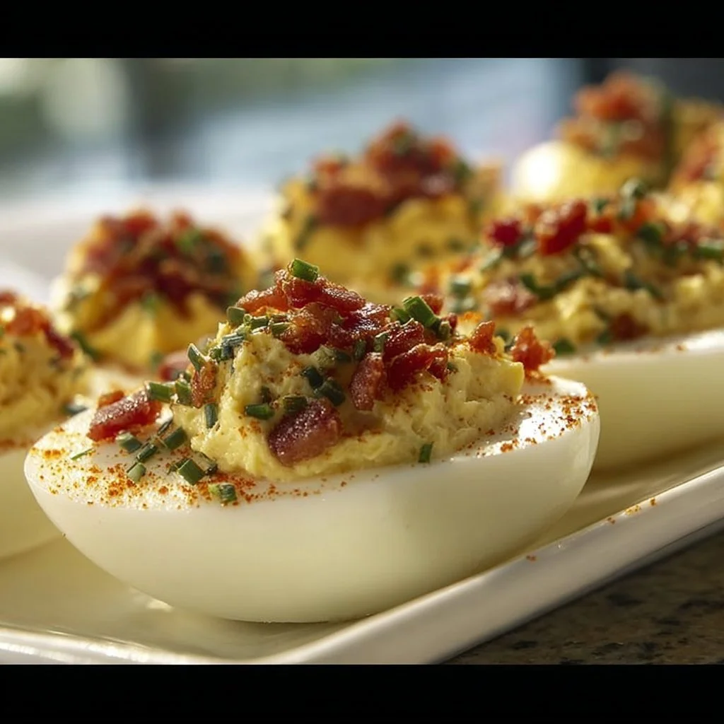 Delicious Bacon Deviled Eggs topped with crumbled bacon and herbs