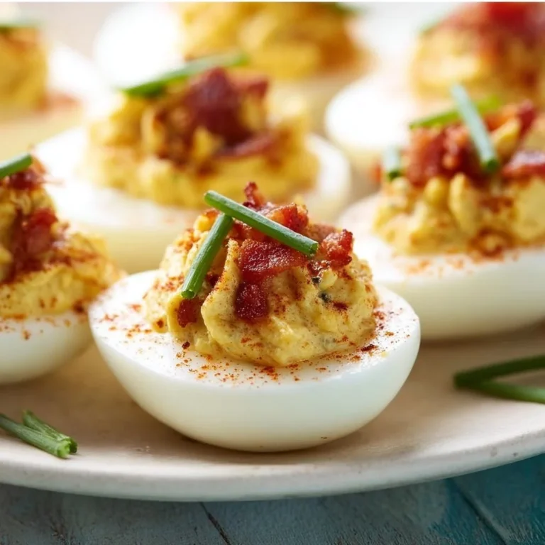 Delicious Bacon Deviled Eggs garnished with crispy bacon bits