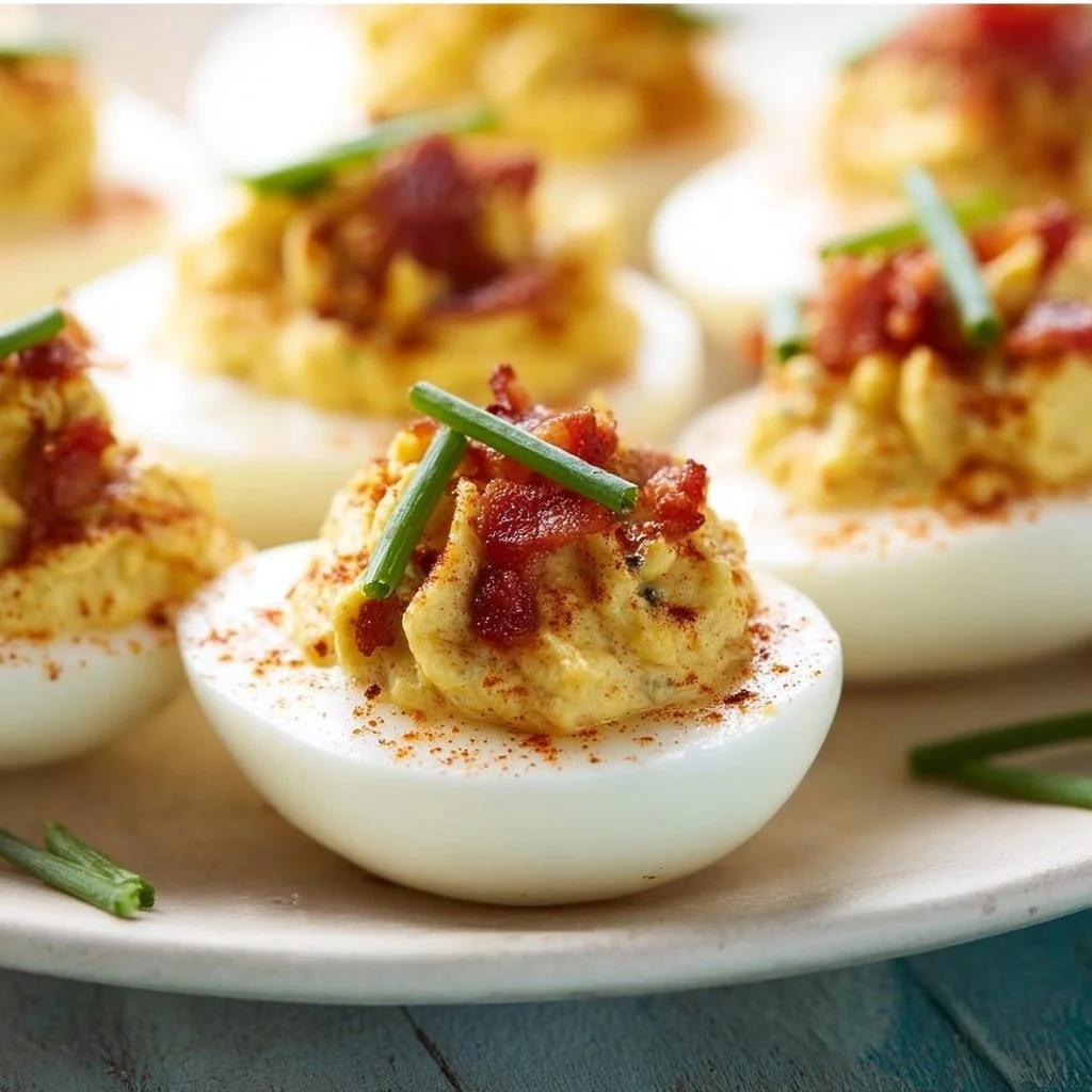 Delicious Bacon Deviled Eggs garnished with crispy bacon bits