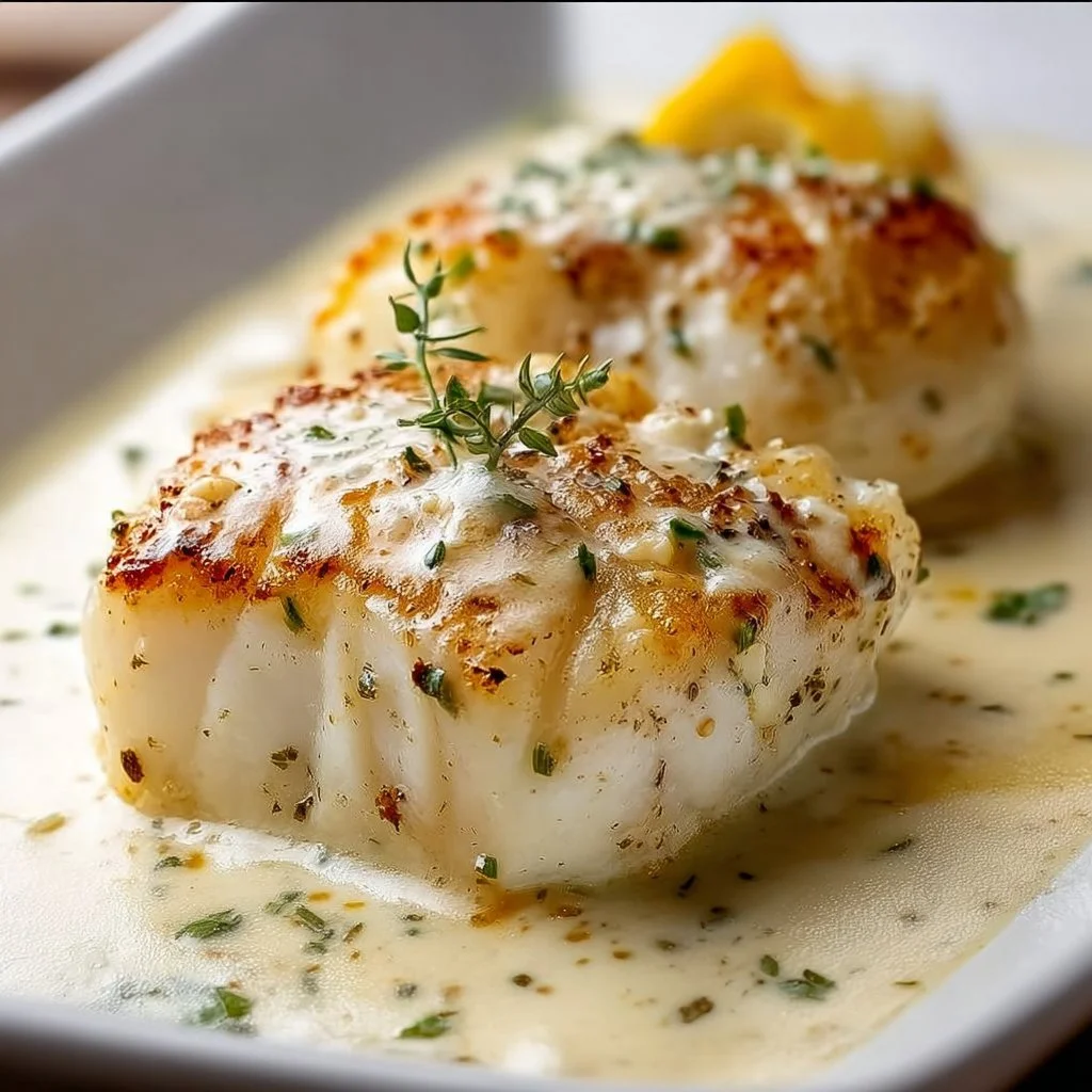Baked cod fillet topped with coconut lemon cream sauce on a plate