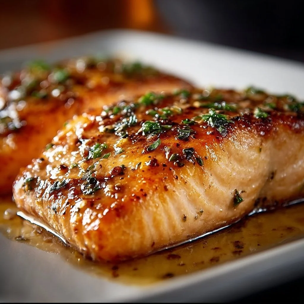 Delicious baked salmon served with lemon and herbs on a plate