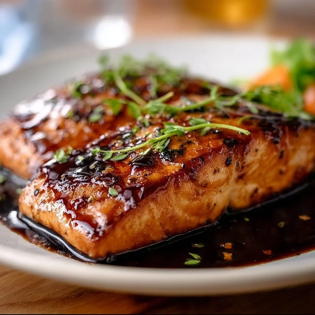 Delicious balsamic glazed salmon fillet served on a plate with fresh herbs.