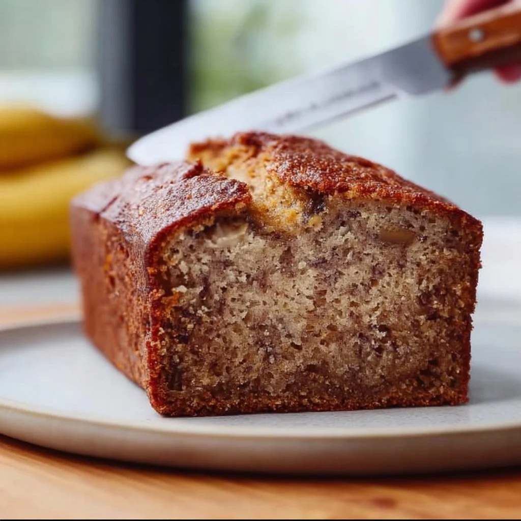 Delicious homemade banana bread sliced on a wooden board