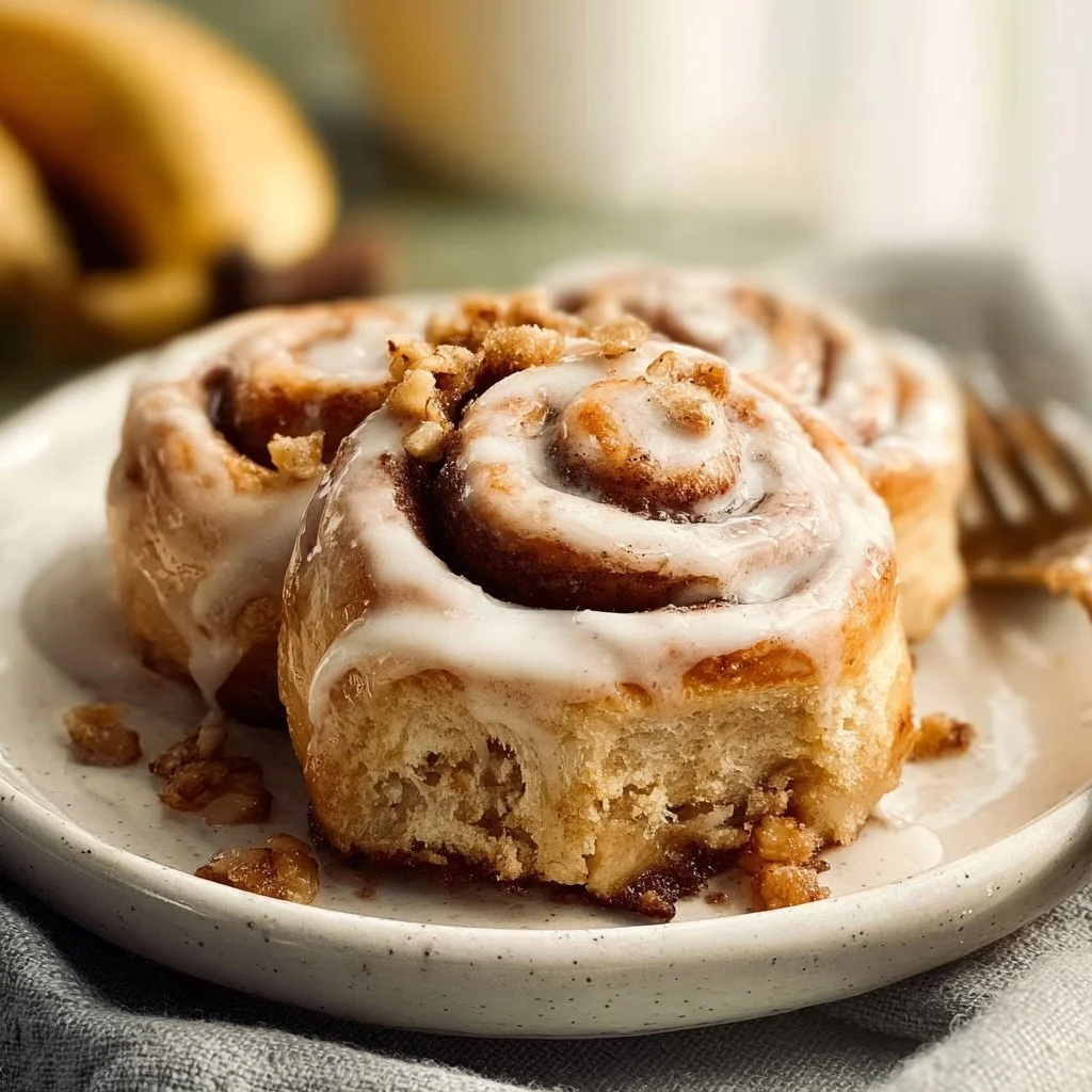 Delicious banana bread cinnamon rolls topped with cinnamon sugar icing