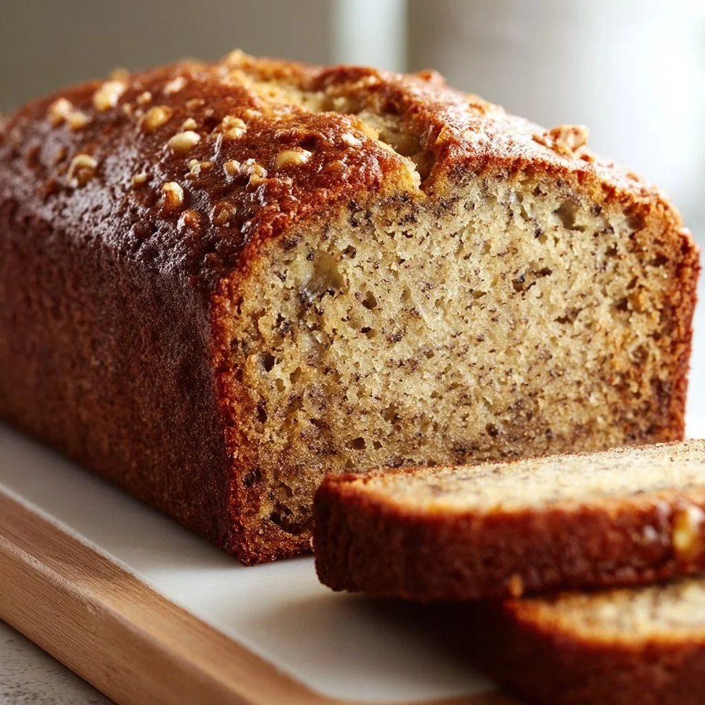 Moist banana bread made with oil, showcasing a golden brown crust and sliced pieces.