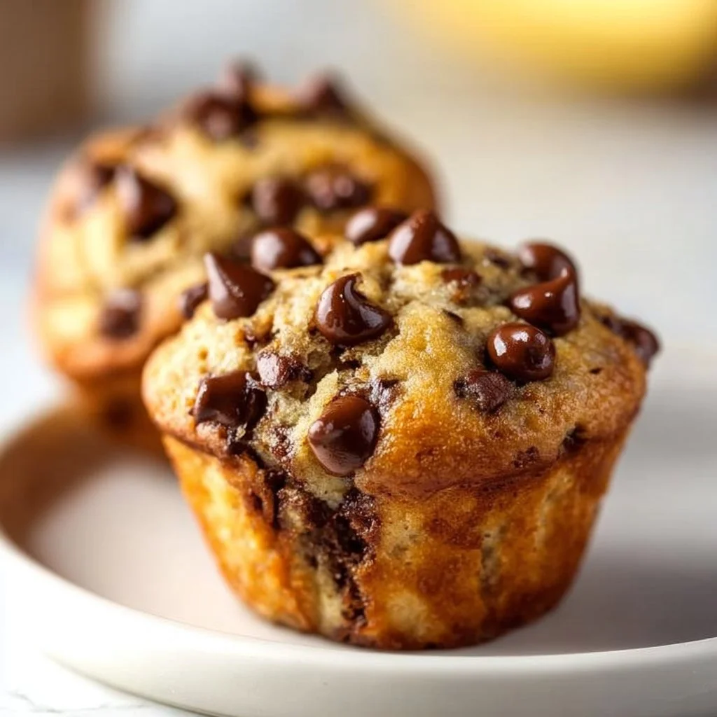 Freshly baked Banana Chocolate Chip Muffins with chocolate chips on a cooling rack.