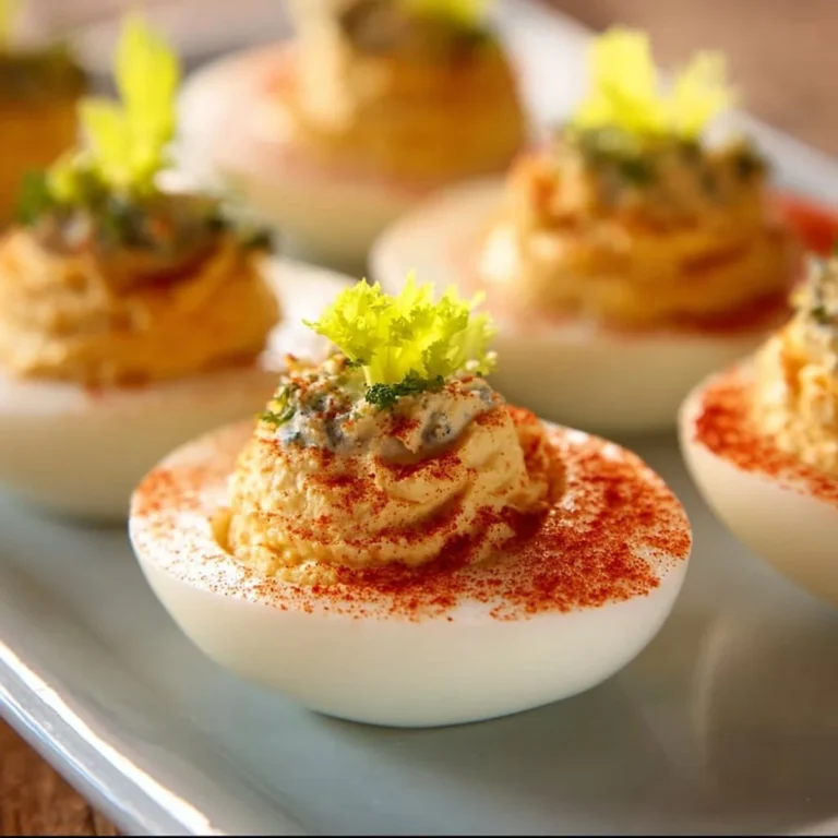 Delicious Bloody Mary Deviled Eggs garnished with celery and spices